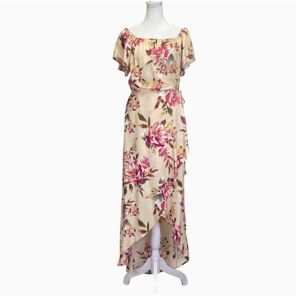 BAND OF GYPSIES Faux Wrap Maxi Dress Sz M Floral Beige Pink Flutter Sleeve Boho
